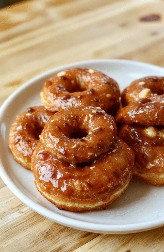 Französische Crullers goldbraun, außen knusprig und innen luftig, auf hellem Holztisch, mit Puderzucker bestäubt, appetitlich angerichtet.