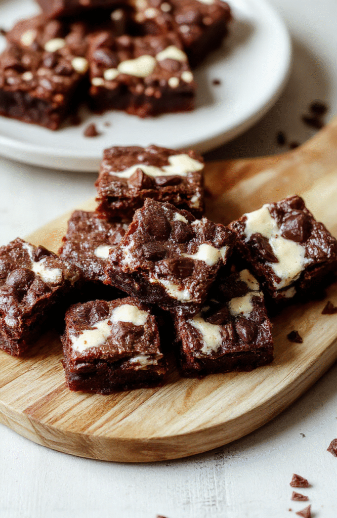 Nahaufnahme von Frischkäse-Brownies Deluxe: quadratische Brownies mit goldbrauner Oberfläche und cremiger Käse-Schicht, dunkle Schokoladenstücke an den Rändern, angerichtet auf heller Holzplatte, sanfte Schatten