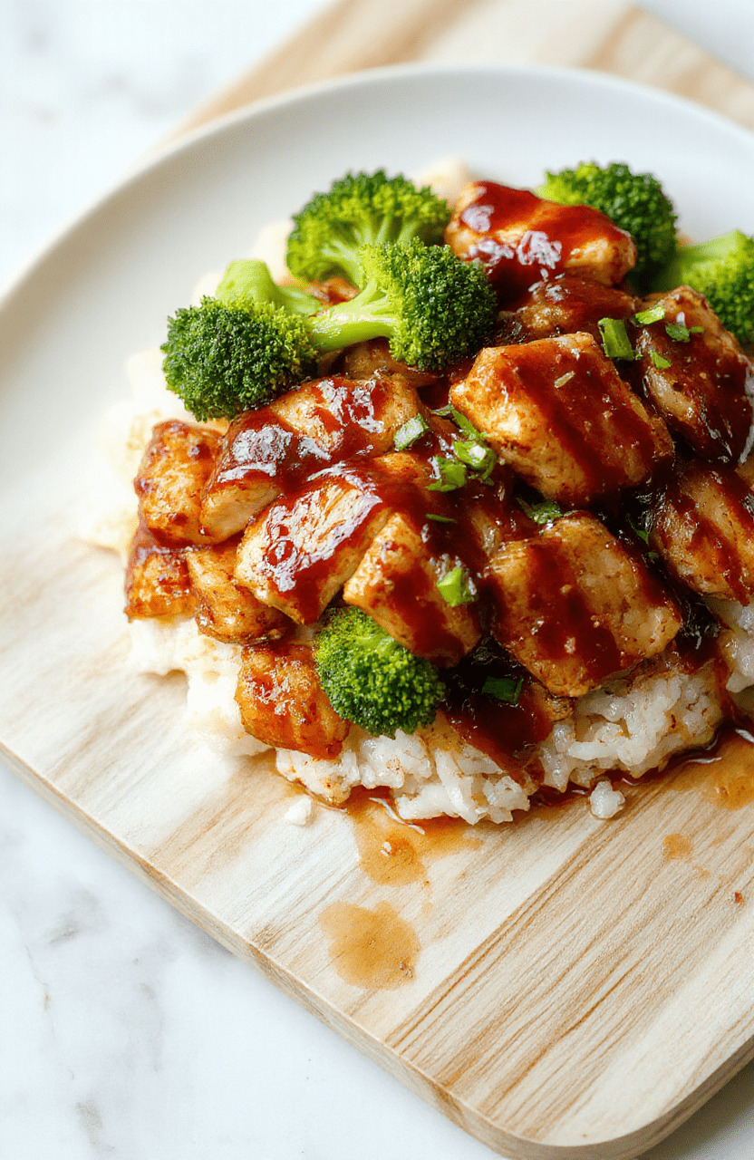 Auf einem hellen Teller liegt glänzendes Teriyaki-Hähnchen neben knackigem Brokkoli und lockerem Reis. Die glasige Sauce macht die Speisen appetitlich, während die warme Farbpalette und die einfache Anrichtung den Teller einladend wirken lassen. Der Hintergrund ist neutral, das Gericht wirkt frisch und alltagstauglich.