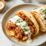 Nahaufnahme von Hähnchen Gyros in cremiger Sauerrahmsauce auf einem Teller, daneben rote Tomaten, Gurkenstreifen und frische Kräuter; das Gericht wirkt saftig und cremig, serviert mit Fladenbrot.