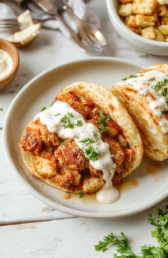 Nahaufnahme von Hähnchen Gyros in cremiger Sauerrahmsauce auf einem Teller, daneben rote Tomaten, Gurkenstreifen und frische Kräuter; das Gericht wirkt saftig und cremig, serviert mit Fladenbrot.