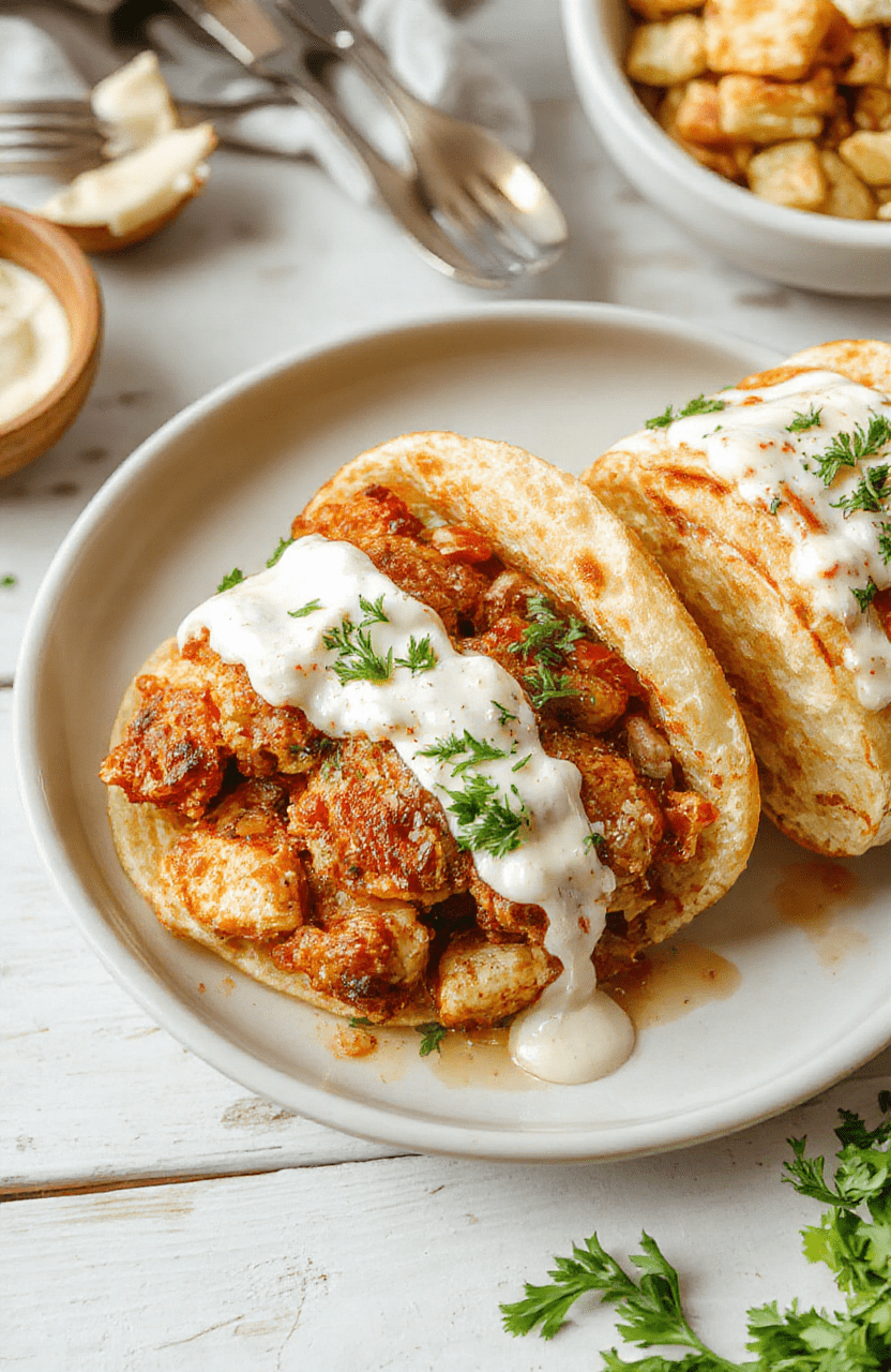Nahaufnahme von Hähnchen Gyros in cremiger Sauerrahmsauce auf einem Teller, daneben rote Tomaten, Gurkenstreifen und frische Kräuter; das Gericht wirkt saftig und cremig, serviert mit Fladenbrot.
