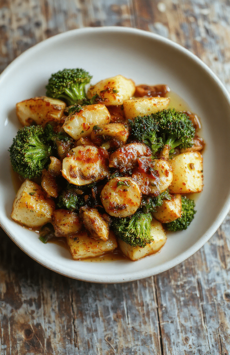 Eine Pfanne mit Brokkoliröschen, goldbraun gebratenen Kartoffelwürfeln und Pilzen in einer cremigen Sauce. Die Farben Grün, Braun und Creme wirken frisch, die Präsentation ist schlicht und vegetarisch.