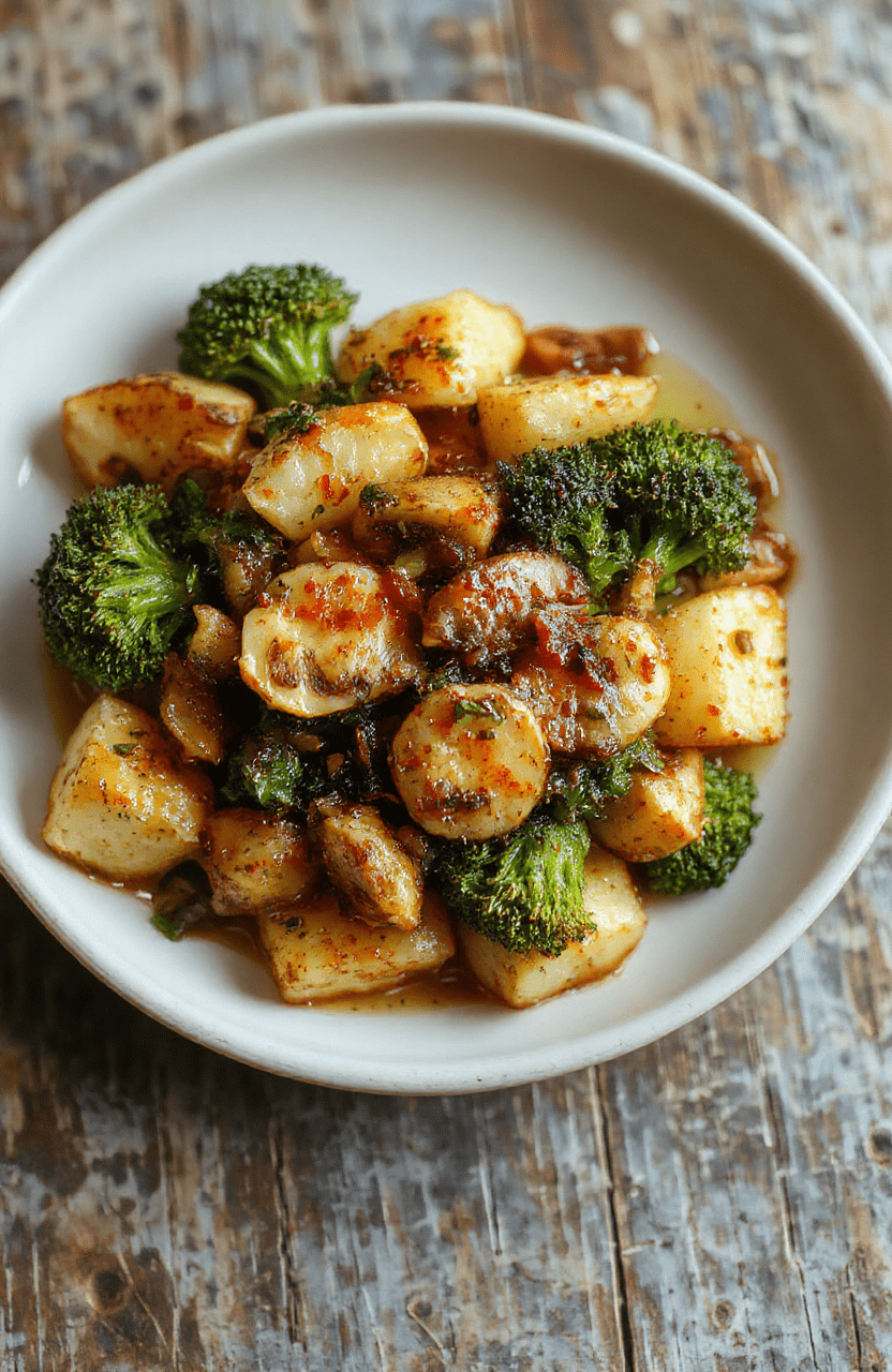 Eine Pfanne mit Brokkoliröschen, goldbraun gebratenen Kartoffelwürfeln und Pilzen in einer cremigen Sauce. Die Farben Grün, Braun und Creme wirken frisch, die Präsentation ist schlicht und vegetarisch.