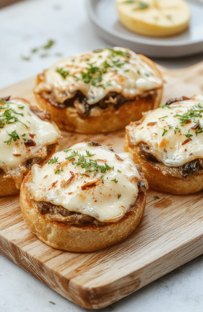 Vier Toastscheiben goldbraun getoastet, belegt mit sautierten Champignons, geschmolzenem Käse und fein gehacktem Knoblauch, garniert mit Petersilie auf einem rustikalen Holzbrett.