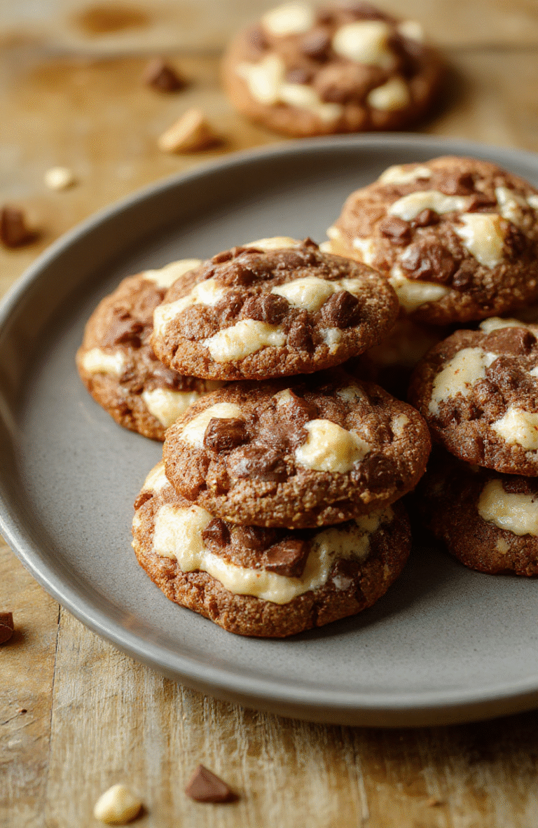 Dunkle Schoko-Cookies, die eine cremige Käsefüllung sichtbar zwischen zwei Hälften zeigen. Die Oberfläche ist leicht glänzend und mit feinem Staub von Puderzucker bestäubt, auf heller Platte präsentiert.