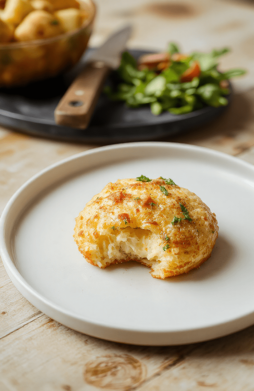 Golden-braune knusprige Kartoffel-Feta-Puffer auf heller Holzoberfläche, außen knusprig, innen weich, mit Petersilie bestreut und sichtbar Feta-Stücke.