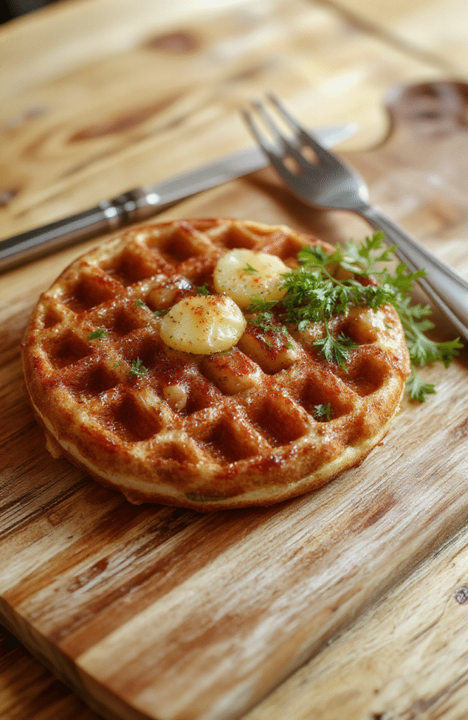 Knusprige Kartoffelwaffeln stapeln sich goldbraun auf einem weißen Teller, die rillenartige Oberfläche glänzt leicht, daneben fein gehackte Kräuter. Der Teller liegt auf einem hellen Holztisch, natürliches Licht betont die Textur und die knusprige Oberfläche.