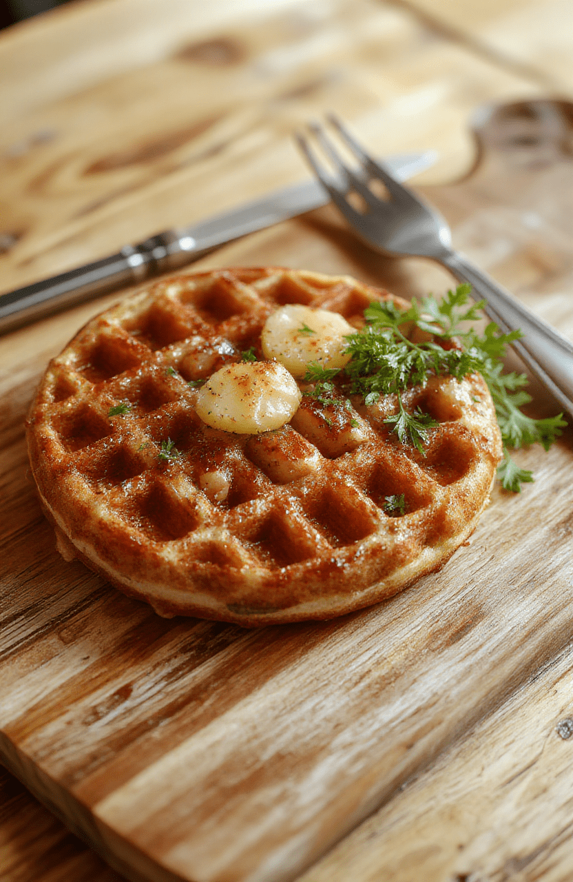 Knusprige Kartoffelwaffeln stapeln sich goldbraun auf einem weißen Teller, die rillenartige Oberfläche glänzt leicht, daneben fein gehackte Kräuter. Der Teller liegt auf einem hellen Holztisch, natürliches Licht betont die Textur und die knusprige Oberfläche.