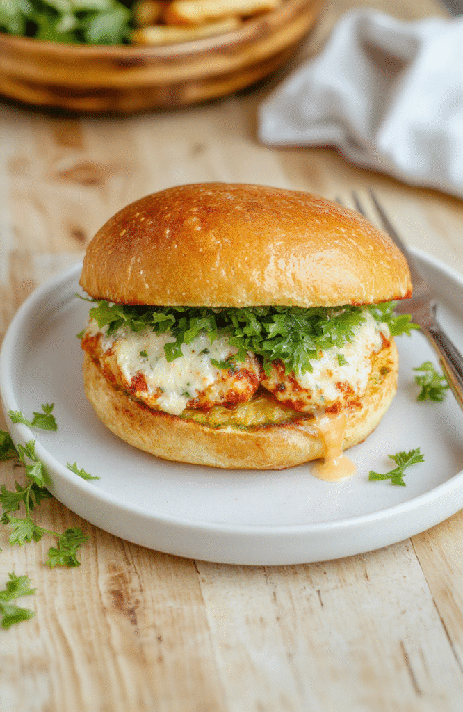 Auf einem hellen Holztisch liegt ein aufgeschnittenes Knuspriges Chicken Caesar Sandwich, mit goldbraun gebräunter Brotkruste, saftigem Hähnchen, grünem Römersalat, Parmesanraspeln und Croutons. Nahaufnahme mit betonten Texturen und weichen Schatten.