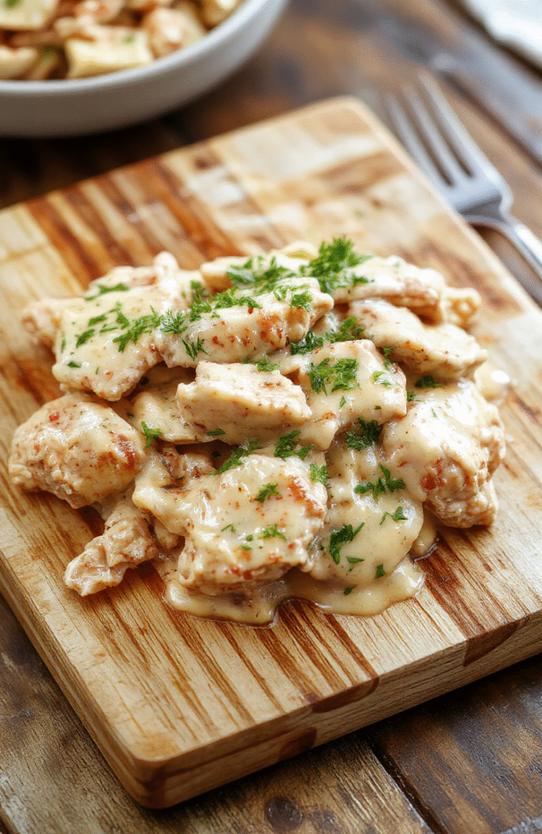 Bunte Plate Hähnchen Stroganoff in cremiger Pilz-Sahne-Sauce, zartes Hähnchen, Pilze, Zwiebeln, Petersilie, serviert über Reis, Nahaufnahme mit warmer Beleuchtung