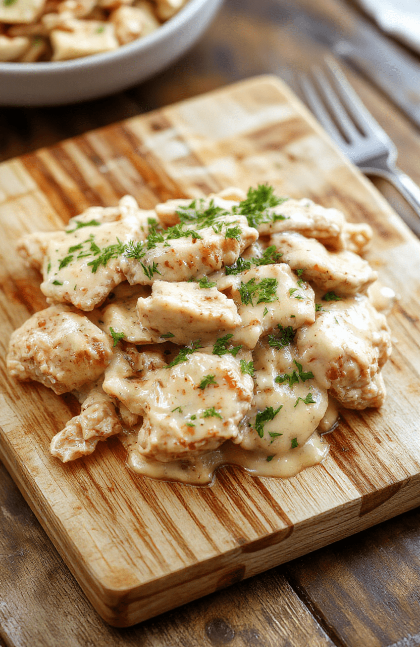 Bunte Plate Hähnchen Stroganoff in cremiger Pilz-Sahne-Sauce, zartes Hähnchen, Pilze, Zwiebeln, Petersilie, serviert über Reis, Nahaufnahme mit warmer Beleuchtung
