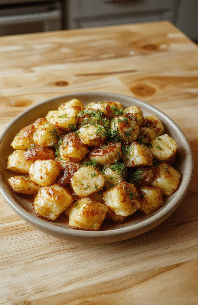 Gedeckte cremige Knoblauchkartoffeln als Beilage: festkochende Kartoffelscheiben in einer glatten, cremigen Knoblauchsoße, goldbraune Ränder, bestreut mit gehackter Petersilie, serviert auf hellem Holzuntergrund, Nahaufnahme, warme natürliche Beleuchtung, rustikale, appetitliche Präsentation.