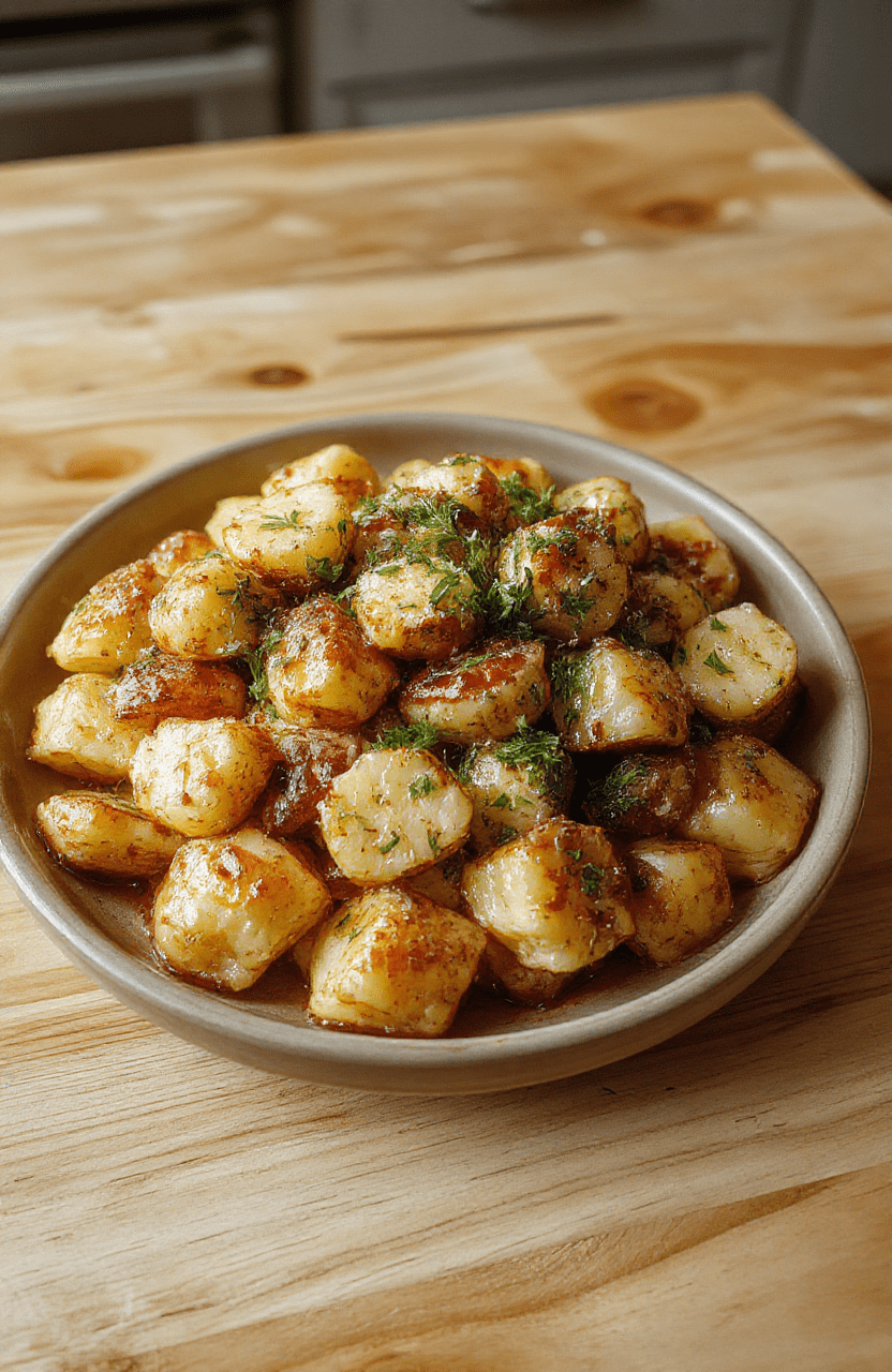 Gedeckte cremige Knoblauchkartoffeln als Beilage: festkochende Kartoffelscheiben in einer glatten, cremigen Knoblauchsoße, goldbraune Ränder, bestreut mit gehackter Petersilie, serviert auf hellem Holzuntergrund, Nahaufnahme, warme natürliche Beleuchtung, rustikale, appetitliche Präsentation.