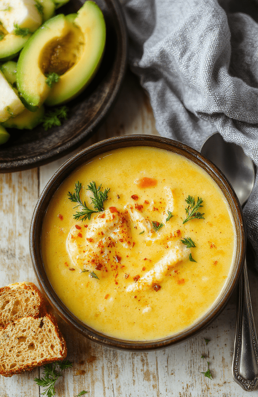 Eine cremige, goldene Kurkuma-Hühnersuppe in einer weißen tiefen Schale, mit zarten Hähnchenstücken, samtiger Textur, Pfefferkörnern und frischer Petersilie, auf hellem Holztisch.
