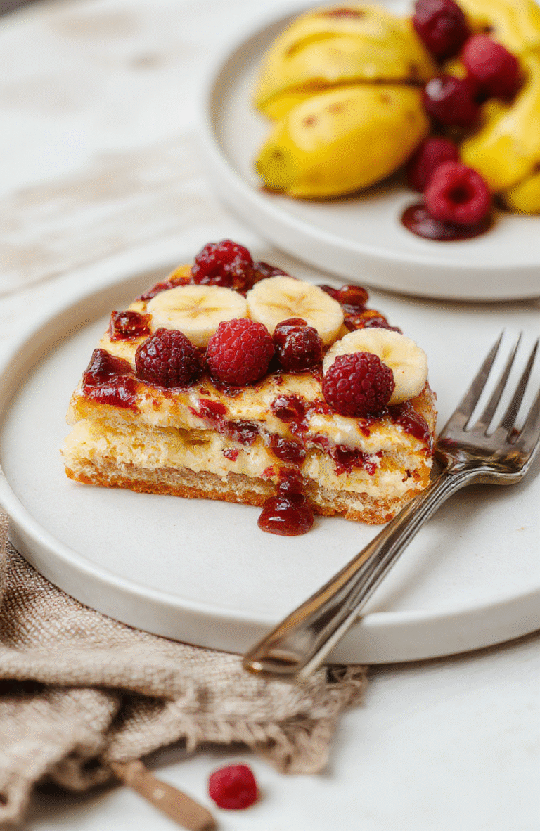 Bananen Split Torte ohne Backen präsentiert sich auf einem weißen Teller. Die cremige Schicht aus Mascarpone mit Bananen und Kakao wirkt reichhaltig und verführerisch, der Boden besteht aus zerbröselten Digestive-Keksen. Das Dessert sieht frisch, cremig und appetitlich aus.