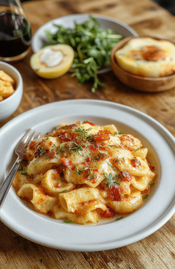Ein Teller Linsenpasta aus dem Topf auf einem warmen Holztisch, cremige Tomatensauce umgibt kurze Pasta und Linsen, Garnitur aus Spinatblättern und Parmesan, natürliche Beleuchtung, unscharfer Hintergrund