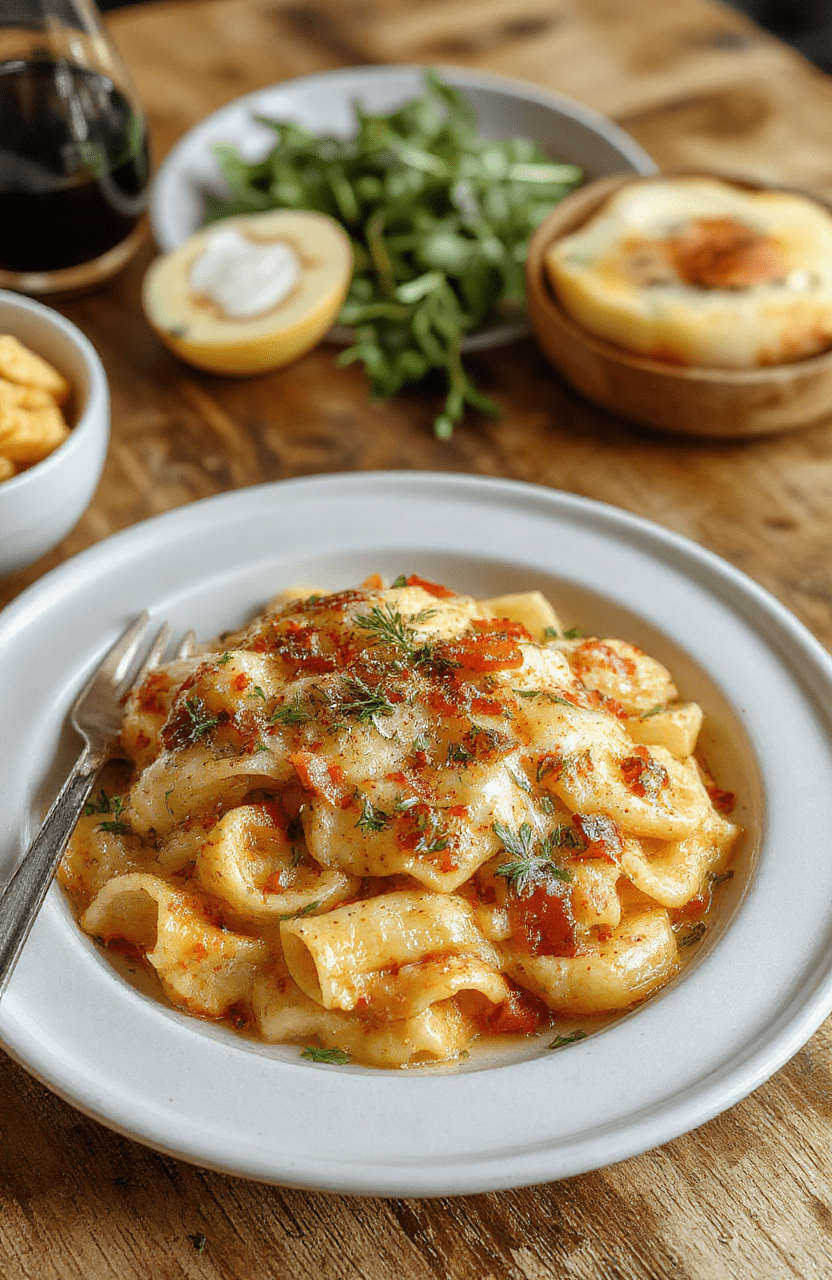Ein Teller Linsenpasta aus dem Topf auf einem warmen Holztisch, cremige Tomatensauce umgibt kurze Pasta und Linsen, Garnitur aus Spinatblättern und Parmesan, natürliche Beleuchtung, unscharfer Hintergrund