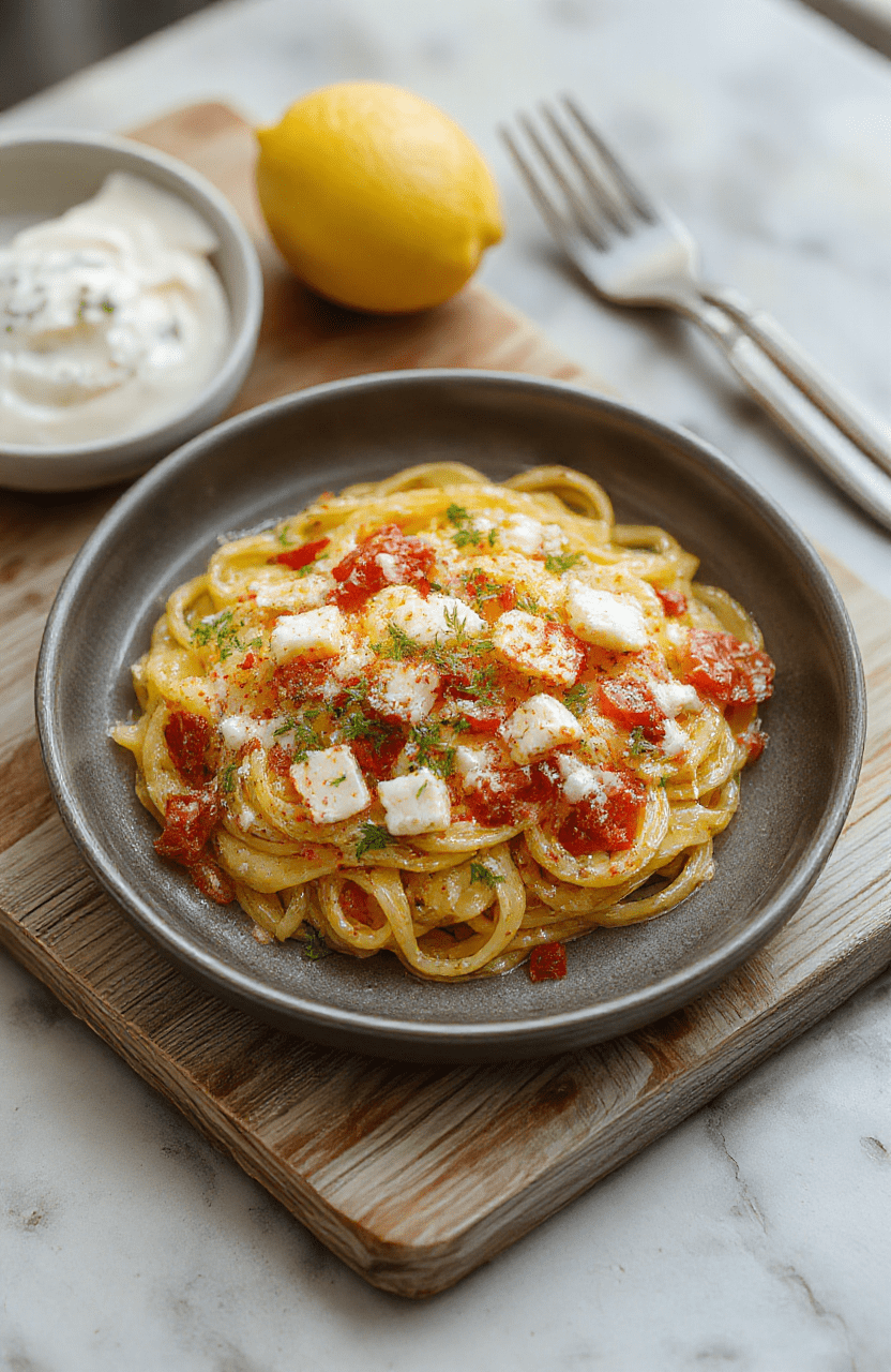 Ein Teller cremige Zitronen-Feta-Pasta auf einem hellen Holztisch. Die Sauce ist samtig-cremig, mit Zitronenschale, Zitronensaft und Feta-Käse, Garnitur aus gehackter Petersilie. Die Pasta wirkt glänzend und appetitlich, mit feinen Ölfäden. Einfaches, elegantes Ambiente, das den mediterranen Charakter betont.