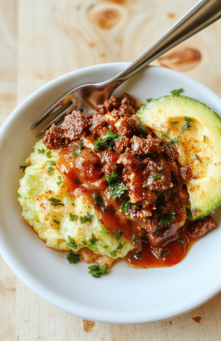 Close-up eines Burrito Bowls: gebräunte Hackfleischportionen, gelber Reis, schwarze Bohnen, Mais, rote Paprika, Avocado-Scheiben, Käse, Salsa und frische Korianderblätter auf einem Teller; farbenfroh, cremig, rustikal.