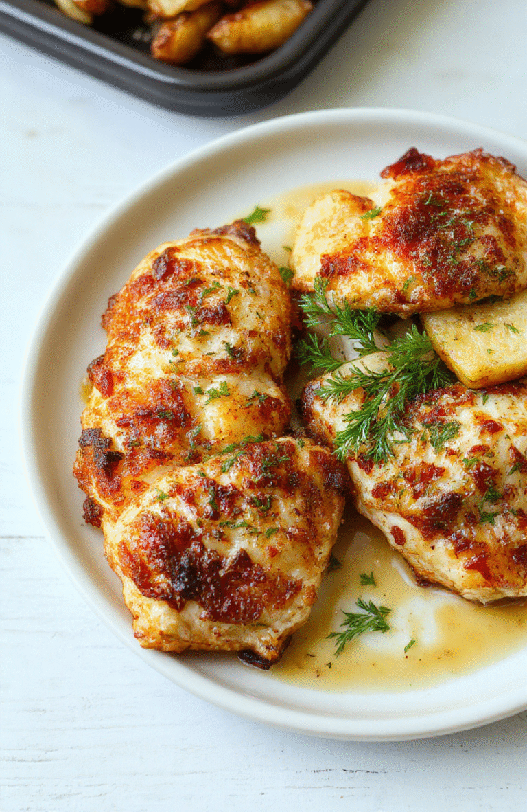 Goldbraun knuspriges Parmesan-Knoblauch-Hähnchen vom Blech mit zarter Kruste, serviert auf einem hellen Holztisch, garniert mit Petersilie.