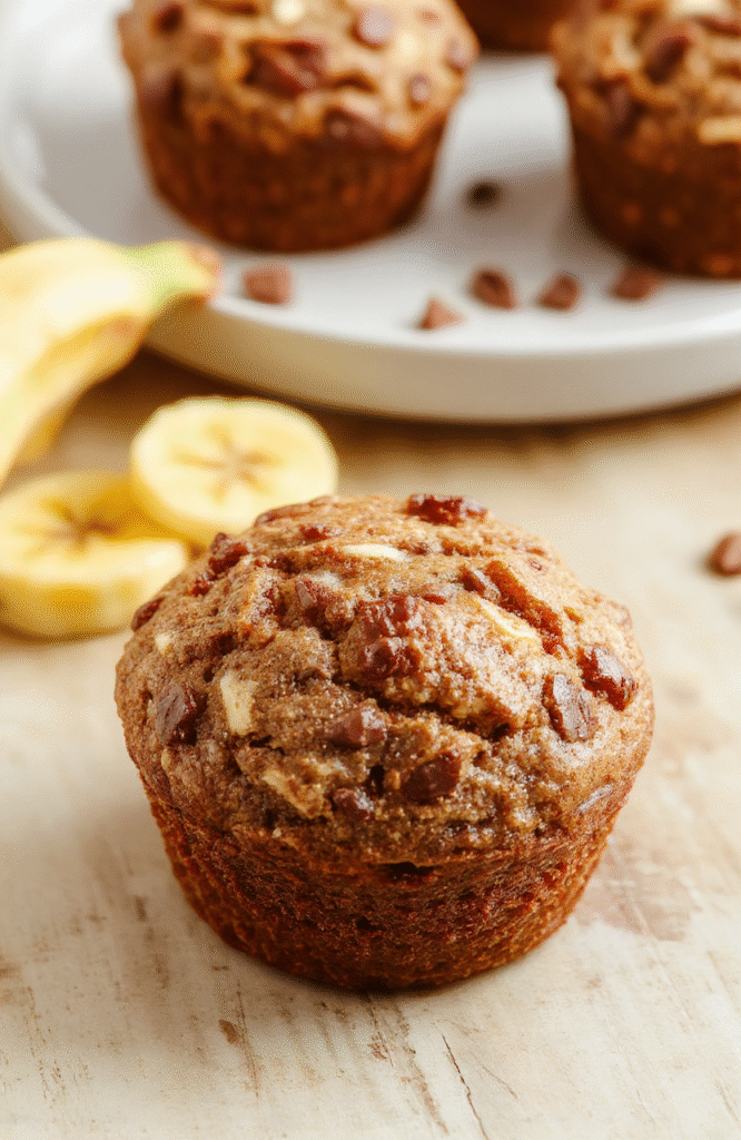 Goldbraun gebackene Protein-Bananen-Muffins in Papierförmchen auf einem hellen Holztisch, sichtbare Bananenstücke, saftige Innenstruktur und leichte Krustenränder.