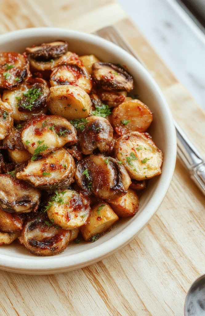 Bildbeschreibung: Ein Teller mit gebratenen Champignons, Brokkoli-Röschen und Karottenstreifen, leicht glasig im Olivenöl gebraten. Der Teller liegt auf einem hellen Holzteller, im Hintergrund verschwimmt die Küche. Die Farben Grün, Orange und Braun dominieren, das Gemüse wirkt frisch und appetitlich mit leichtem Glanz.