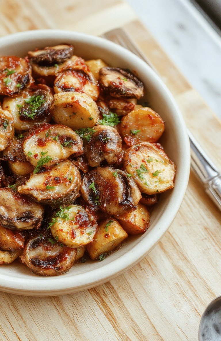 Bildbeschreibung: Ein Teller mit gebratenen Champignons, Brokkoli-Röschen und Karottenstreifen, leicht glasig im Olivenöl gebraten. Der Teller liegt auf einem hellen Holzteller, im Hintergrund verschwimmt die Küche. Die Farben Grün, Orange und Braun dominieren, das Gemüse wirkt frisch und appetitlich mit leichtem Glanz.