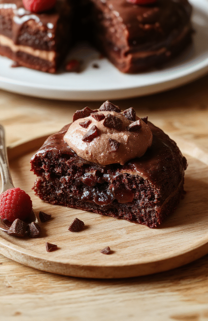 Eine cremige dunkle Schokoladen-Himbeer-Mousse-Torte mit glänzender Oberfläche, garniert mit frischen Himbeeren, auf einer hellen Holzunterlage. Nahaufnahme mit weichem Hintergrund, Tageslicht betont die samtige Textur.