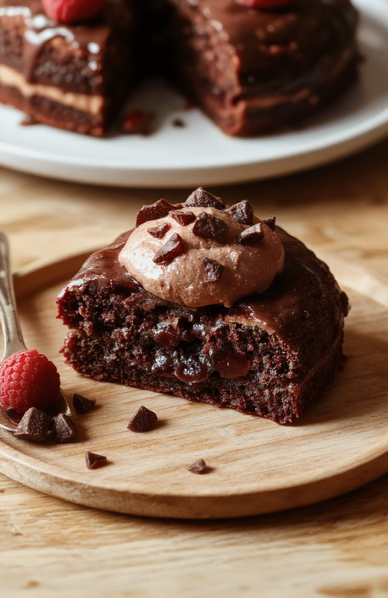 Eine cremige dunkle Schokoladen-Himbeer-Mousse-Torte mit glänzender Oberfläche, garniert mit frischen Himbeeren, auf einer hellen Holzunterlage. Nahaufnahme mit weichem Hintergrund, Tageslicht betont die samtige Textur.