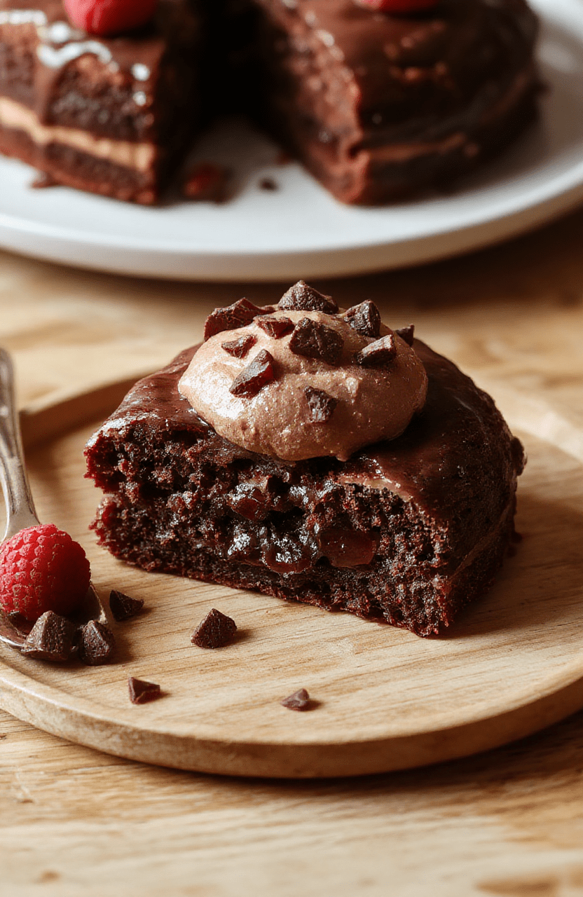Eine cremige dunkle Schokoladen-Himbeer-Mousse-Torte mit glänzender Oberfläche, garniert mit frischen Himbeeren, auf einer hellen Holzunterlage. Nahaufnahme mit weichem Hintergrund, Tageslicht betont die samtige Textur.