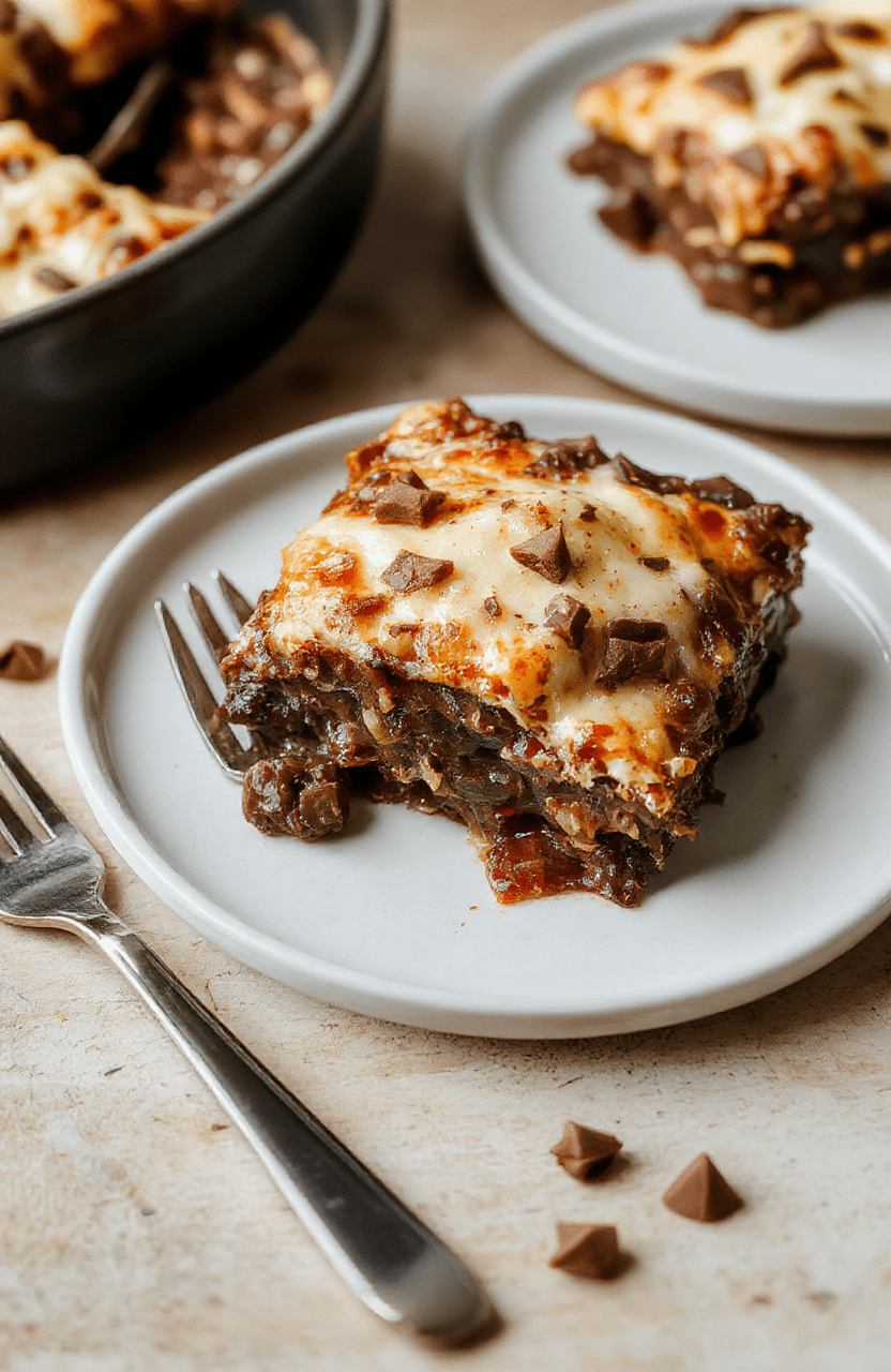 Gedeckter Teller mit Schokoladen-Lasagne: Schichten aus Löffelbiskuits, Vanille-Frischkäse-Creme und dunkler Schokolade, bestäubt mit Kakao, cremig, glänzend, serviert auf hellem Teller.