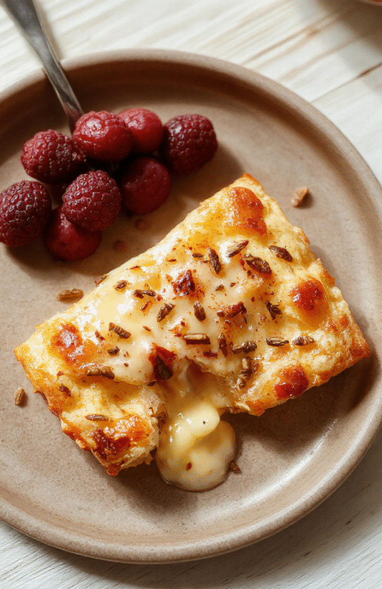 Ein cremiger Stracciatella Käsekuchen auf einem hellen Teller mit knusprigem Boden, dunkle Schokoladenstücke ziehen sich durch die Füllung, appetitlich glänzend.