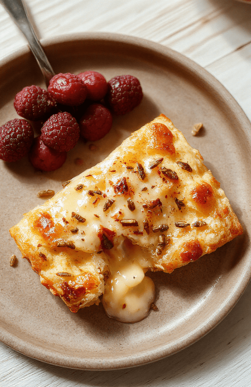 Ein cremiger Stracciatella Käsekuchen auf einem hellen Teller mit knusprigem Boden, dunkle Schokoladenstücke ziehen sich durch die Füllung, appetitlich glänzend.