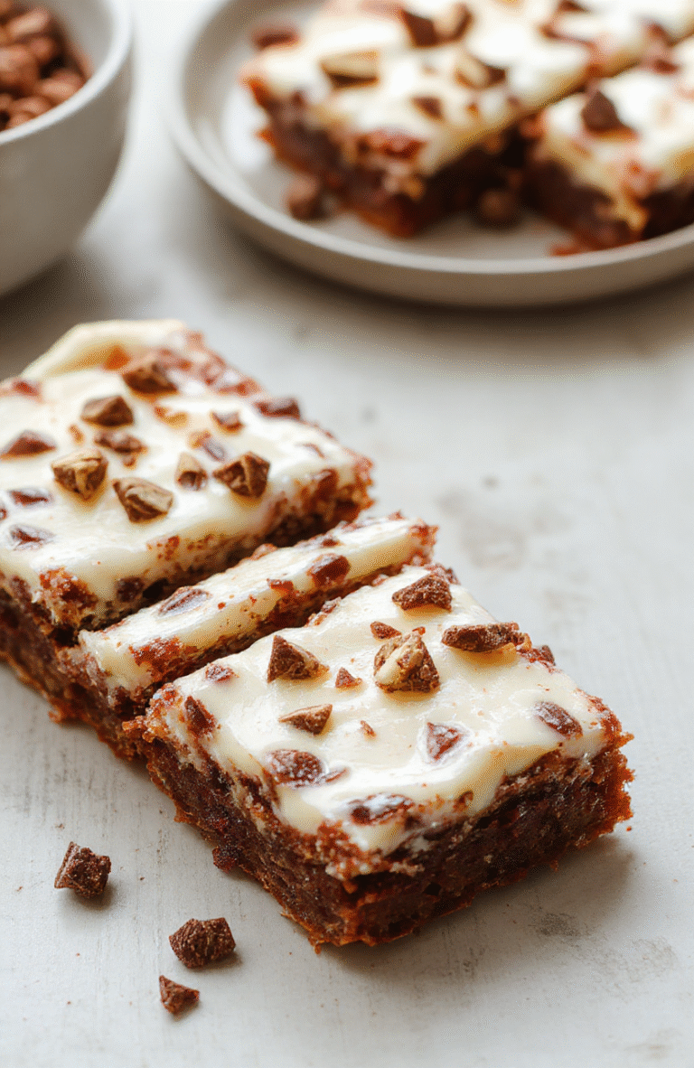 Eine quadratische Portion Himmlische Tiramisu Brownies auf einem weißen Teller, dunkle Schokoladenkuchenbasis sichtbar, cremige Mascarpone-Schicht mit Kakao bestäubt, rustikaler Hintergrund