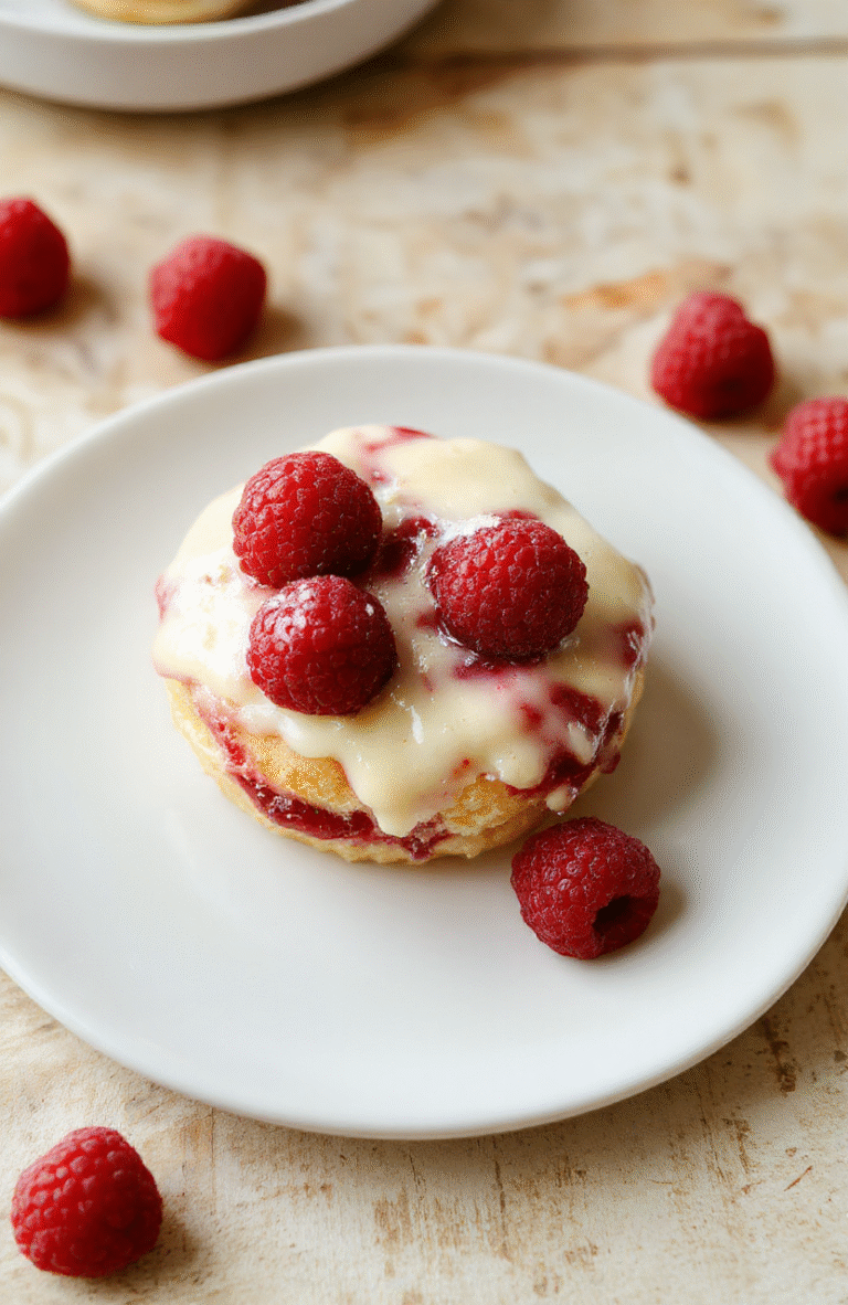 Bunte Dessertplatte mit goldbraunen Vanillekipferl und frischen Himbeeren, leicht mit Puderzucker bestäubt, natürliche Texturen, heller Hintergrund und minimalistische Anrichtung.