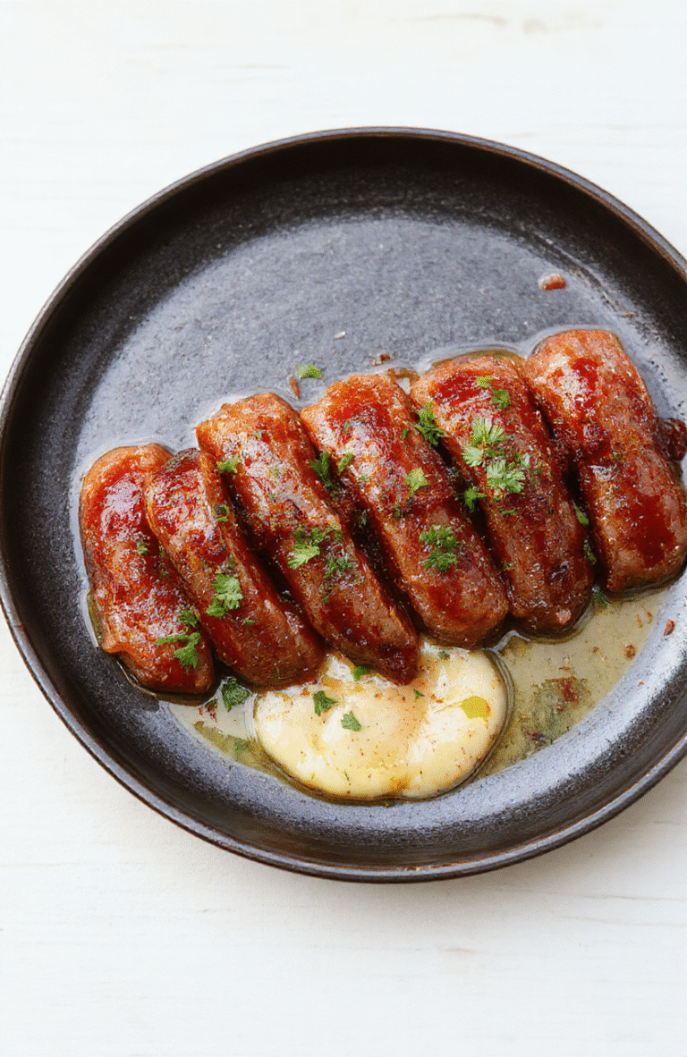 Eine Pfanne mit Würziger Wurst Reis Pfanne zeigt goldbraune Würstchen, locker gekochten Reis, rote Paprikastücke und Zwiebelringe. Garnitur mit Petersilie, serviert auf einem hellen Holztisch. Die Farben Goldbraun, Gelb und Rot dominieren, Texturen von gebräunter Wurst und körnigem Reis wirken einladend. Nahaufnahme, warme Lichtstimmung, appetitlich und rustikal.