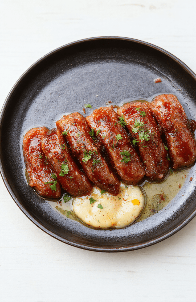 Eine Pfanne mit Würziger Wurst Reis Pfanne zeigt goldbraune Würstchen, locker gekochten Reis, rote Paprikastücke und Zwiebelringe. Garnitur mit Petersilie, serviert auf einem hellen Holztisch. Die Farben Goldbraun, Gelb und Rot dominieren, Texturen von gebräunter Wurst und körnigem Reis wirken einladend. Nahaufnahme, warme Lichtstimmung, appetitlich und rustikal.