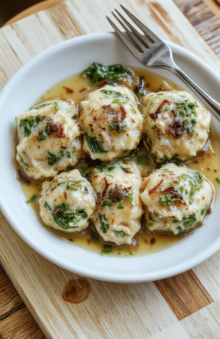 Aromatische Spinatknödel auf einem weißen Teller, grüne Knödelstücke, bestreut mit Parmesan und Petersilie, rustikale Holzoberfläche im Hintergrund.