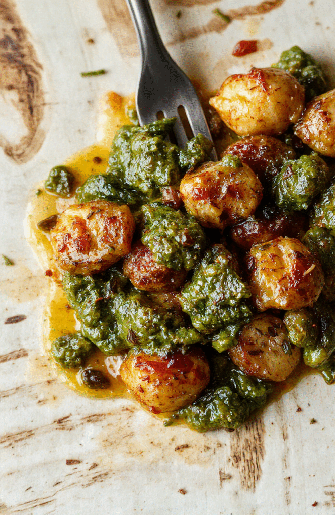 Leuchtend grünes Bärlauch-Pesto in einer hellen Schale, cremige Textur, fein püriert mit gerösteten Pinienkernen und Parmesan, garniert mit frischen Kräutern, rustikale Präsentation im Tageslicht.