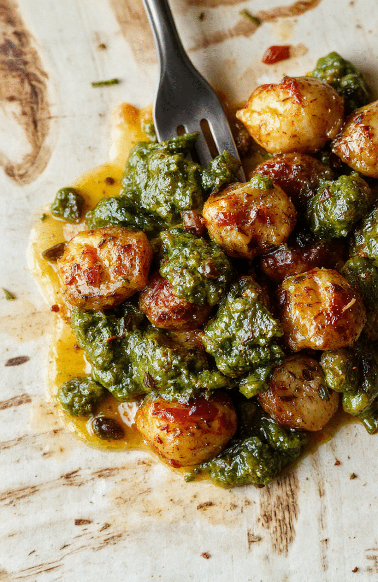 Leuchtend grünes Bärlauch-Pesto in einer hellen Schale, cremige Textur, fein püriert mit gerösteten Pinienkernen und Parmesan, garniert mit frischen Kräutern, rustikale Präsentation im Tageslicht.