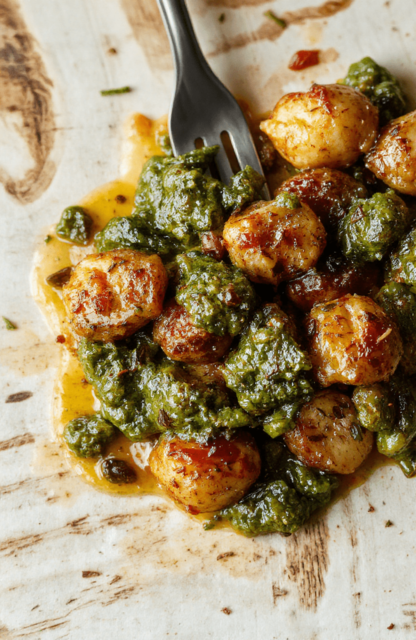 Leuchtend grünes Bärlauch-Pesto in einer hellen Schale, cremige Textur, fein püriert mit gerösteten Pinienkernen und Parmesan, garniert mit frischen Kräutern, rustikale Präsentation im Tageslicht.