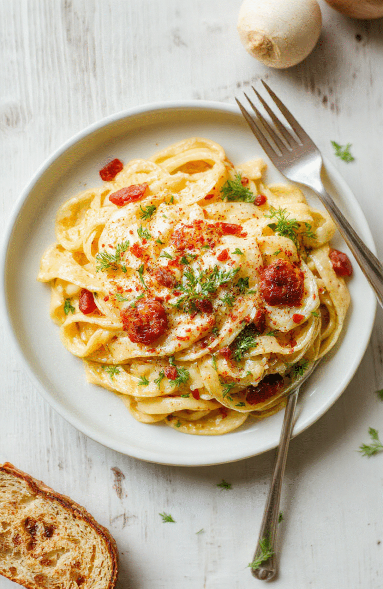 Helle Nahaufnahme von Frische Bärlauch-Tagliatelle auf einem weißen Teller, cremige Sauce, fein gehackter Bärlauch, Parmesan-Streifen, dekorative Pfefferkörner, naturbelassene Holztischoberfläche im Hintergrund.