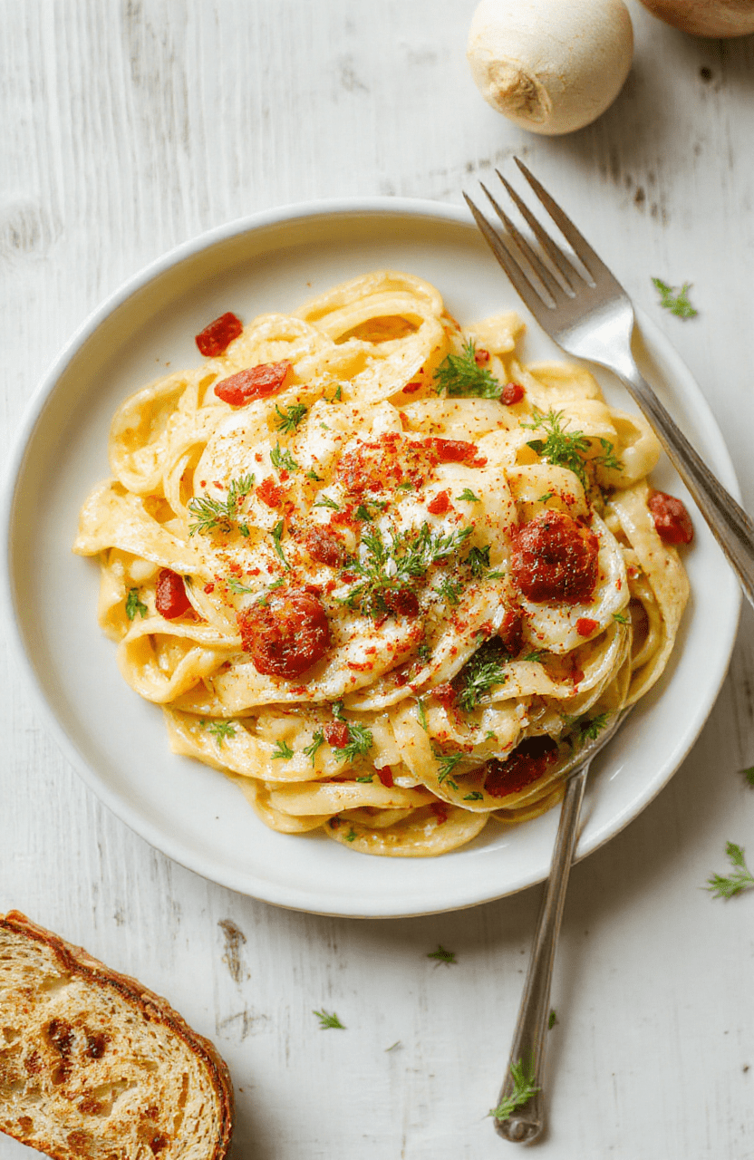 Helle Nahaufnahme von Frische Bärlauch-Tagliatelle auf einem weißen Teller, cremige Sauce, fein gehackter Bärlauch, Parmesan-Streifen, dekorative Pfefferkörner, naturbelassene Holztischoberfläche im Hintergrund.