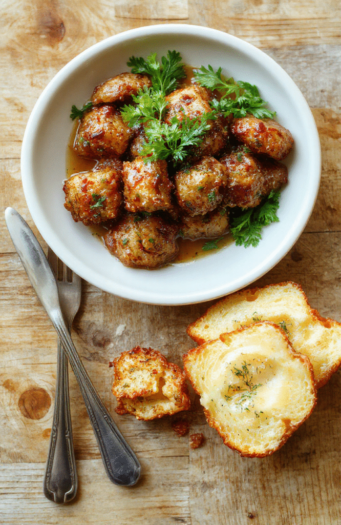 Vier grüne Bärlauchknödel aus Brotteig, leicht goldbraun gebraten, liegen auf einer rustikalen Holztellerplatte. Neben ihnen frische Bärlauchblätter, sanfte Lichtreflexe und klare Texturen vermitteln Frische und Frühlingsaroma.