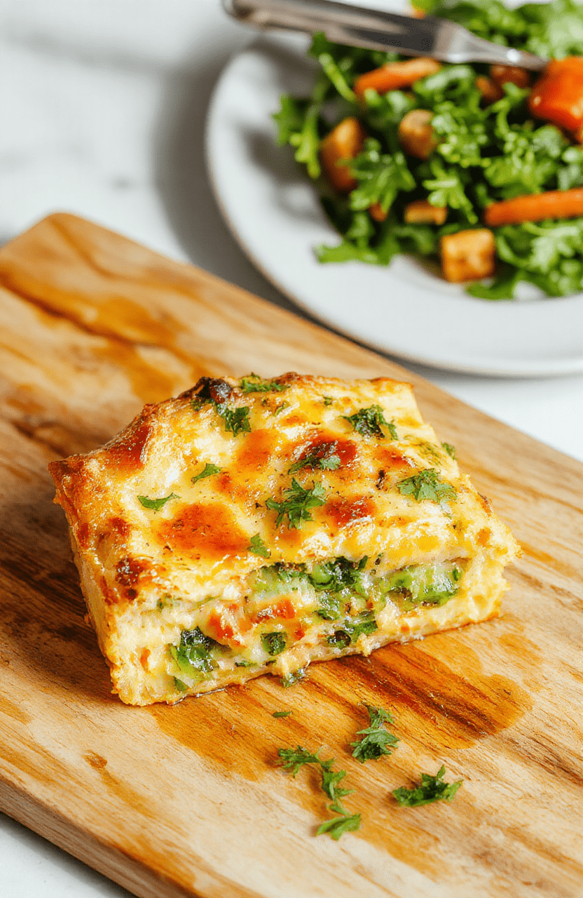 Eine farbenfrohe vegetarische Gemüsequiche auf einem rustikalen Holzbrett, goldbrauner Boden, darauf buntes Gemüse wie Paprika, Brokkoli, Pilze und Tomaten, servierfertig.