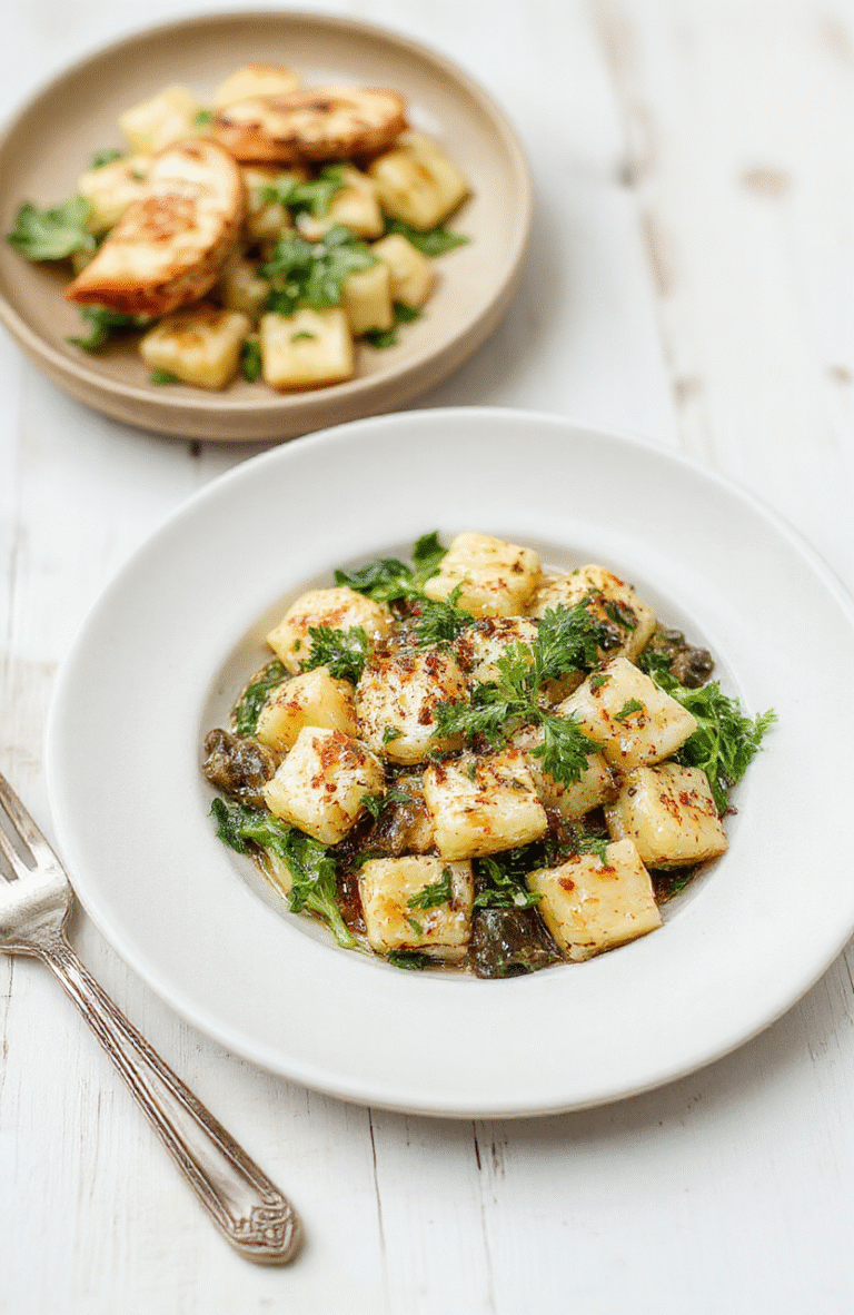 Cremige Bärlauch Gnocchi in cremiger Sauce, angerichtet auf einem weißen Teller, garniert mit frischen Bärlauchblättern und Parmesan, vor hellem Hintergrund.