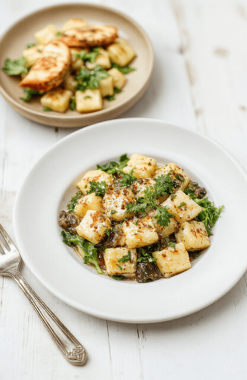 Cremige Bärlauch Gnocchi in cremiger Sauce, angerichtet auf einem weißen Teller, garniert mit frischen Bärlauchblättern und Parmesan, vor hellem Hintergrund.