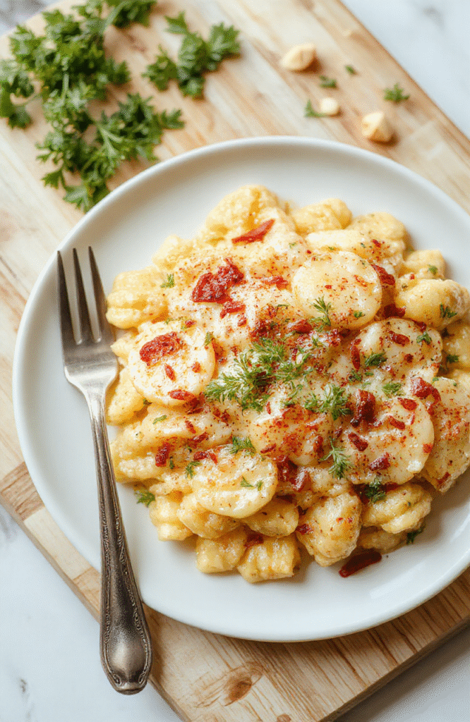 Ein Teller cremiger Bärlauch-Käsespätzle in einer hellen Schale, mit geschmolzenem Käse, frisch gehacktem Bärlauch und karamellisierten Zwiebeln, serviert auf einem rustikalen Holztisch.