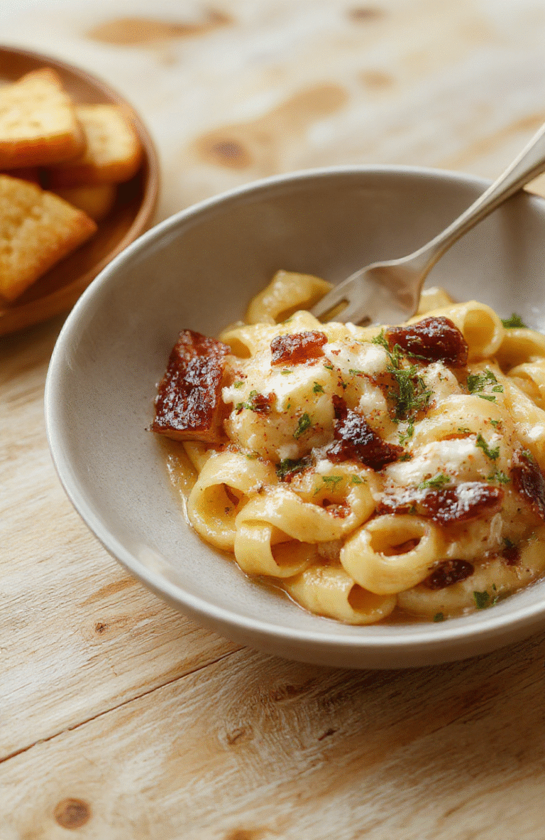 Eine cremige Bärlauch-Pasta in einer flachen weißen Schale auf einem hellen Holztisch. Frische Bärlauchblätter, zarte Garnitur von Parmesan, glänzende Sauce, warme Lichtstimmung, leicht bündig am Rand des Tellers.